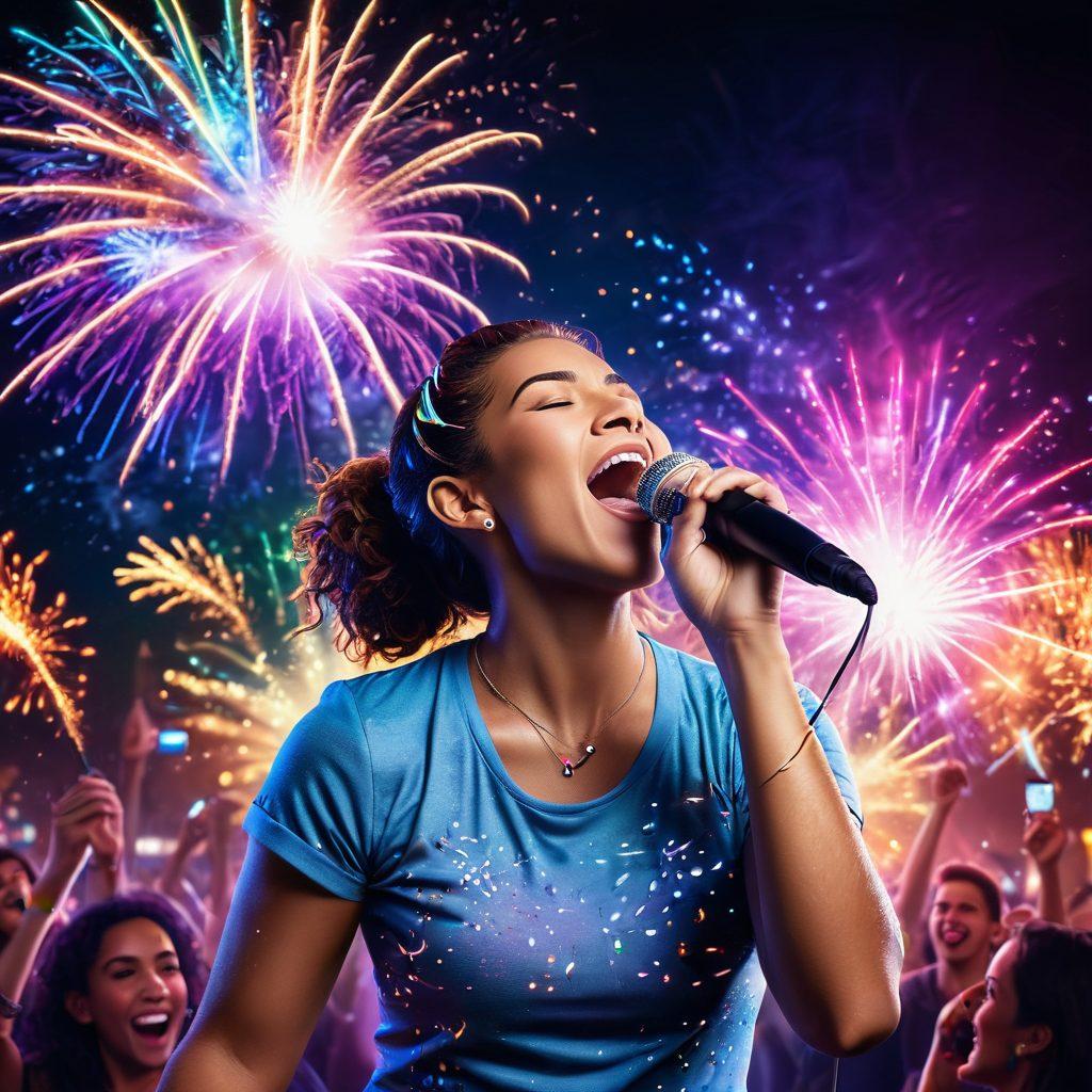 A vibrant, energetic scene of a person passionately singing into a microphone with a colorful, dynamic background of musical notes and neon lights. A digital audience cheering and fireworks exploding in the background, capturing the essence of an epic online karaoke experience. super-realistic. vibrant colors. 3D.