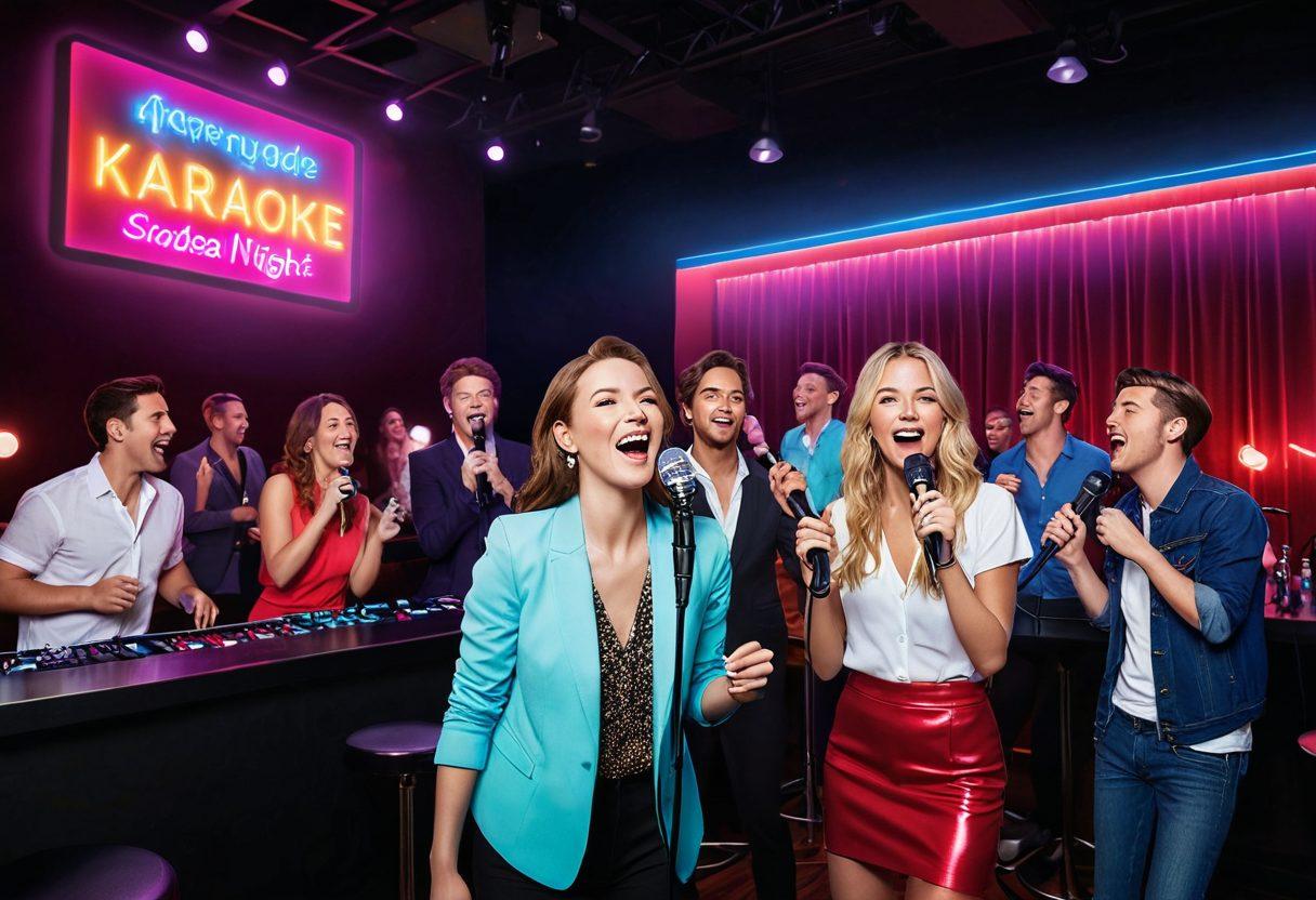 A vibrant scene of a lively karaoke night in a cozy, chic lounge. Friends are laughing and singing joyfully on a small stage, with colorful spotlights and a neon 'Karaoke Night' sign in the background. Microphones, lyric screens, and musical notes float around, adding to the energetic atmosphere. Illustrate a range of characters sharing excitement and fun moments. super-realistic. vibrant colors.