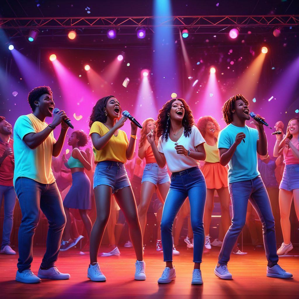 A vibrant, energetic karaoke party with a diverse group of people singing and dancing on a brightly lit stage, colorful spotlights and musical notes floating around. Everyone is having fun, expressing joy, and showcasing their talent in a friendly community vibe. Super-realistic. Vibrant colors.